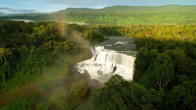 4k Aerial view shot : Sae Pong Lai waterfall, the unseen in Laos. sunset