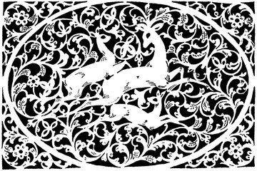 Black-and-white engraving with three reindeer