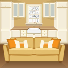 Traditional interior in beige color gamut. Kitchen or dining room with sofa, window and kitchen furniture. Vector illustration 3d cartoon style
