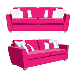 Modern pink sofa with decorative pillows. 3d cartoon style vector illustration isolated on white background