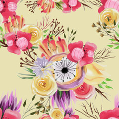 Fototapety  Piękny kwiat akwarela bukiety wzór, vintage, ręcznie rysowane kwiatowy backround, ozdoba