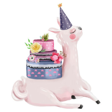 Cute watercolor dreaming llama with beautiful birthday cake decorated with flowers and hat