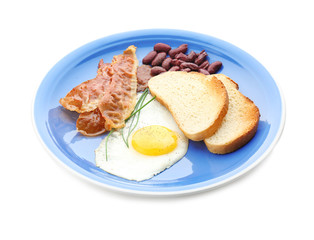 Plate with tasty toasts, fried egg and bacon, isolated on white