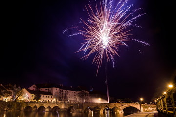 Naklejka premium Fireworks at New Year in Pisek, Czech Republic.