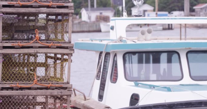 Fishing boat with lobster traps - rack focus