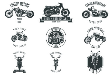 Vintage Motor Club Sign and Label set on white background. Emblem of bikers and riders.	