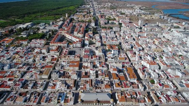 Aerial. View from the sky of village of Vili Real Santo Antonio and the Guadiana River.
