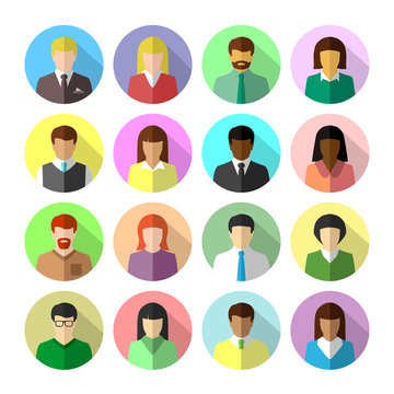 Icon set of diverse business people in colorful flat design. Avatar in circle shape with long shadow.