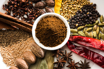 Colourful spices for Garam Masala. Food ingredients for garam masala, indian spice mix with Powder....