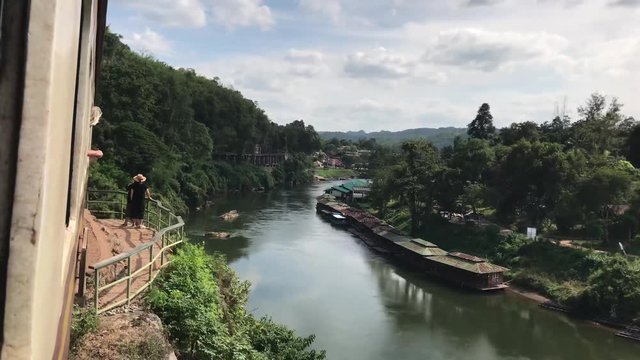 View from the train on the Death Railway passing by the Dangerous Curve in Lum Sum Kanchanaburi Thailand