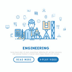 Engineer at work concept with thin line icons: electronics, calculations, tools, repair, idea, it server. Modern vector illustration, web page template.
