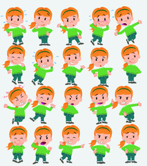 Cartoon character white girl with sweater. Set with different postures, attitudes and poses, doing different activities in isolated vector illustrations.
