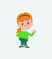 White girl with sweater showing something in positive attitude.