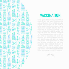 Vaccination concept with thin line icons: vaccine, syringe, ampoule, vial, microscope, virus, DNA, hospital, ambulance. Vector illustration for banner, print media, web page.