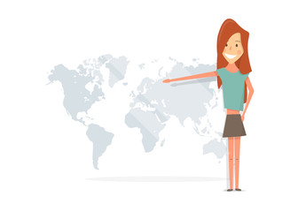 Beautiful girl smiling and showing to the world map.