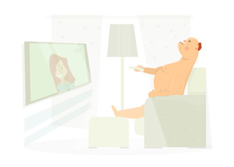 Fat man with a remote control in hand on the couch.