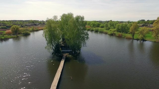 Hut on the island, aerial view of house on the island, house on the island in ukraine 4k, The Hut of Baba Yaga, jaga yaga fairy-tail house