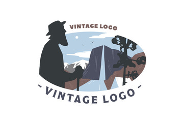 Flat graphic vintage illustration of elder with landscape, mountains and river.