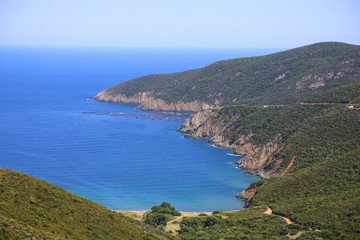 Aerial panoramic view of sea lagoon and blue sky with clouds Travel nature landscape. panoramic view of the mountains and the ocean of Halkidiki Sithonia