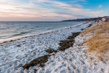 Sandy beach and Baltic Sea in winter time. Hel Peninsula, Poland.
