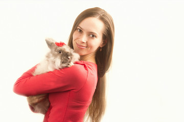 rabbit with cute girl on white background