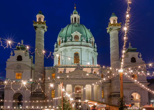 Vienna, Austria, Christmas market in front of the St Carl Church (Karlskirche in German)