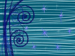 Colorful hand drawn abstract curves and lines on the blue striped texture background, isolated illustration of winter curvy decor and snowflakes painted by paper pencil chalk, high quality
