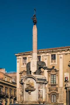 The elephant (Catania emblem) in the main square of the city. Catania, Sicily, Italy.