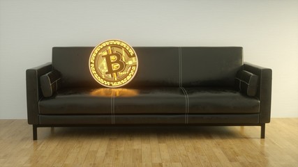Bitcoin Münze liegt auf einem Sofa
