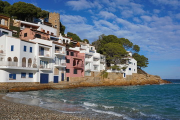 Spain Costa Brava typical Mediterranean waterfront houses in Sa Tuna cove, Begur, Catalonia, Baix Emporda