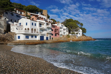 Fototapeta premium Spain Sa Tuna cove with coastal houses, Costa Brava, Begur, Catalonia, Baix Emporda, Mediterranean sea