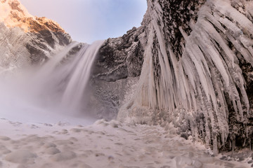 Beautiful Skogafoss waterfall in winter. Iceland.
