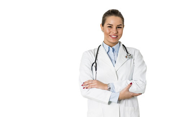 Pretty young female doctor on the white background