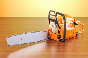 Fototapeta premium Chainsaw on the wooden table. 3D rendering