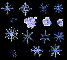 Snowflakes hand painted watercolor clip art winter holidays New Year Christmas  cold weather 