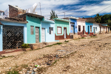 Fototapeta na wymiar View of a cobbled street in Trinidad, Cuba.