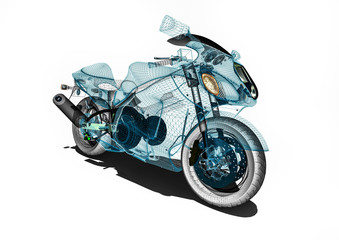 Obraz premium Motorcycle development / 3D render image an motorcycle in wireframe representing motorcycle development. 