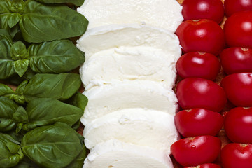Italian tricolor with basil, tomato, mozzarella