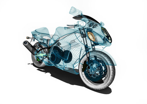 Motorcycle development / 3D render image an motorcycle in wireframe representing motorcycle development. 