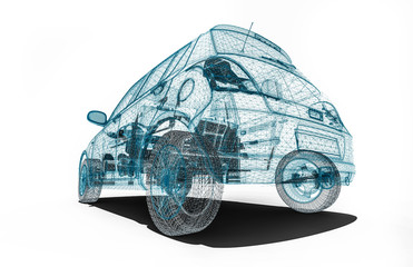 Fototapeta premium car development process / 3d render image of an car in wire frame representing car development process.