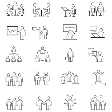 Simple Set of Business People Related Vector Line Icons. Contains such Icons as One-on-One Meeting, Workplace, Business Communication, Team Structure and more.