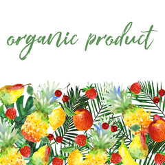 Exotic composition healthy food frame in a watercolor style. Full name of the fruit:apple, pear, cherry, lemon, pineapple. Aquarelle wild fruit for background, texture, wrapper pattern or menu.
