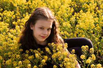 Naklejka na ściany i meble girl, yellow flowers, summer, field of flowers