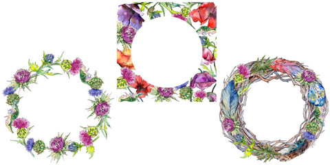 Wildflower thistle flower wreath in a watercolor style. Full name of the plant: thistle. Aquarelle wild flower for background, texture, wrapper pattern, frame or border.