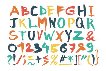 Hand drawn font. Handwritten alphabet in brush style. Modern script in vector. Handmade artistic letters. Brush pen lettering, colorful letters and marks.