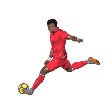 Soccer player in red jersey kicking ball, isolated vector illustration