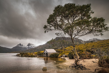 Moody weather at the Boat Hose on Dove Lake in the Cradle Mountain-Lake St Clair National Park, Tasmania
