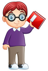 Cartoon happy boy holding a book