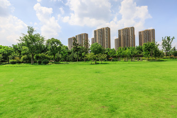 urban suburban apartment buildings and green park lawn