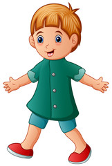 Cute little boy in green shirt walking